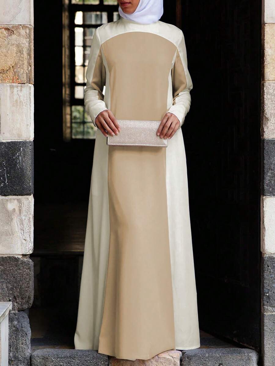 Neuer Frühling 2026 Mittlerer Osten Stil Lässiges Langkleid für Frauen, Beige & Hellbraun Farbblock Rundhals, Elegant für tägliche Ausflüge & leichte gesellige Anlässe
