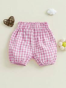 Toddler Baby Girl Bloomers Shorts Plaid Print Diaper Covers Elastic Waist Ruffled Detail Short Pants For Summer Holiday - Pink - View 3