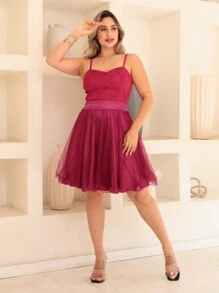 Short Party Dress With Straps, Lace Tulle, Shine - Rose Red - View 2
