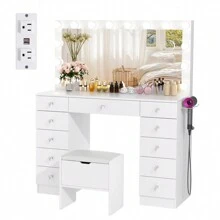VOWNER 46" Large Vanity Table With Lighted Mirror & Power Outlet, Makeup Vanity Desk With Glass Top, 14-Bulbs Large Mirror, 3-Color Modes & Brightness Adjustable, 11 Drawers For Storage, Come With Soft Stool, Vanity Set Gifts For Girls Women - 白色-板式檯面 - 查看 3