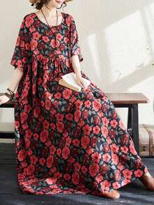 Topy, Topy, Czeskie Sukienki Damskie Casual, 2025 Lato Nowe Okrągłe Dekolty Nadruk Mankiety Luźne Przewiewne Spódnice, Casualowe Sukienki Na Plażę Z Krótkim Rękawem