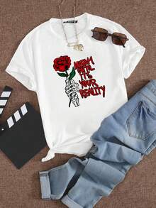 Rose Flower & Text Print Round Neck Short Sleeve T-Shirt For Women - White - View 2