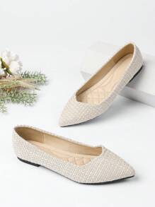 Women's New Pointed Toe Soft Sole Slip-On Casual Comfortable Fashion Woven Apricot Color Flats, Suitable For Commuting And Work All Year Round