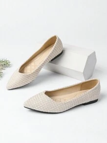 Women's New Pointed Toe Soft Sole Slip-On Casual Comfortable Fashion Woven Apricot Color Flats, Suitable For Commuting And Work All Year Round