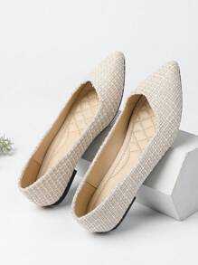Women's New Pointed Toe Soft Sole Slip-On Casual Comfortable Fashion Woven Apricot Color Flats, Suitable For Commuting And Work All Year Round