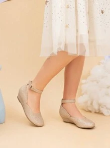 Girls Wedding Shoes | Dress Flats With Low Wedge Heel & Flower Ankle Strap For Toddler To Big Kid - Vàng - Xem 2