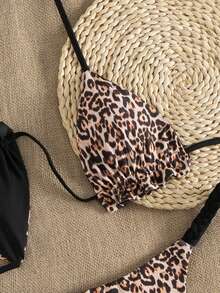 Swimsuits For Woman Reversible Leopard Print Bikini Set With Tie-Front Halter Neck, Perfect For Summer Beach Holidays,Bathing Suits For Women,Swimsuit,Swimsuits For Woman,Bathing Suits,Swim Chiccia,Birthday Outfits For Women - Multicolor - View 4