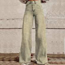 Women Y2K Striped Jeans High Waist Button Wide Leg Casual Denim Pants Bootcut Flare Boyfriend Trousers With Pockets Streetwear - 薄荷綠 - 查看 1