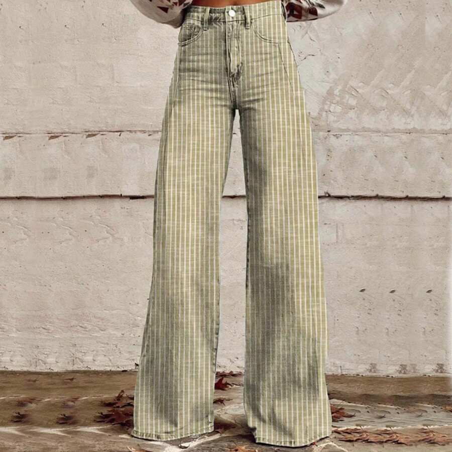 Women Y2K Striped Jeans High Waist Button Wide Leg Casual Denim Pants Bootcut Flare Boyfriend Trousers With Pockets Streetwear - 薄荷綠 - 查看 1