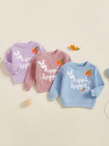 Baby Easter Sweaters Long Sleeve Round Neck Bunny Carrot Embroidery Pullover Toddler Jumper Tops - Blue - View 3