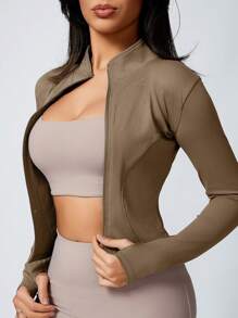 Women's Workout Jacket Solid Color Quick Dry Lightweight Zip Up Yoga Jacket Athletic Slim Fit Tops - Khaki - View 3