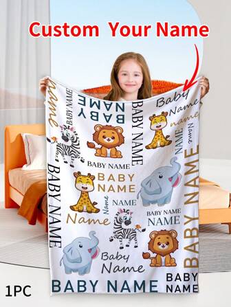 1pc Custom Name Blanket For Kids, Customized Cartoon Animal Pattern Blankets, Personalized Children'S Blanket, Personalized Flannel Throw Blankets, Personalized Gifts For Girl,