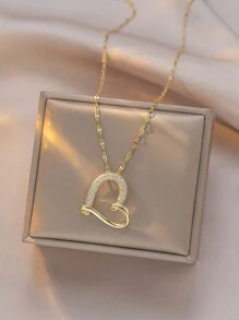 1件不锈钢镀金心形项链，时尚法式嘻哈风格，休闲简约百搭，适合日常佩戴、街头风、情人节、派对、节日或作为礼物。 - 金色 - 查看 4