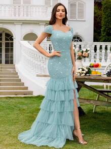 MIUSOL Sequin Lace Sweetheart Neck Cap Sleeve Mesh Layered Cake Hem Evening Party Maxi Dress, Elegant Party Dress For Women, Formal Evening Gown, Prom Dress, For Wedding Guest, Graduation, Dinner