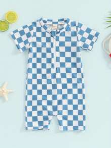 Toddler Rash Guard Swimsuit Checkerboard Print Short Sleeve Zip Up Bathing Suit Swimwear - Blue - View 1