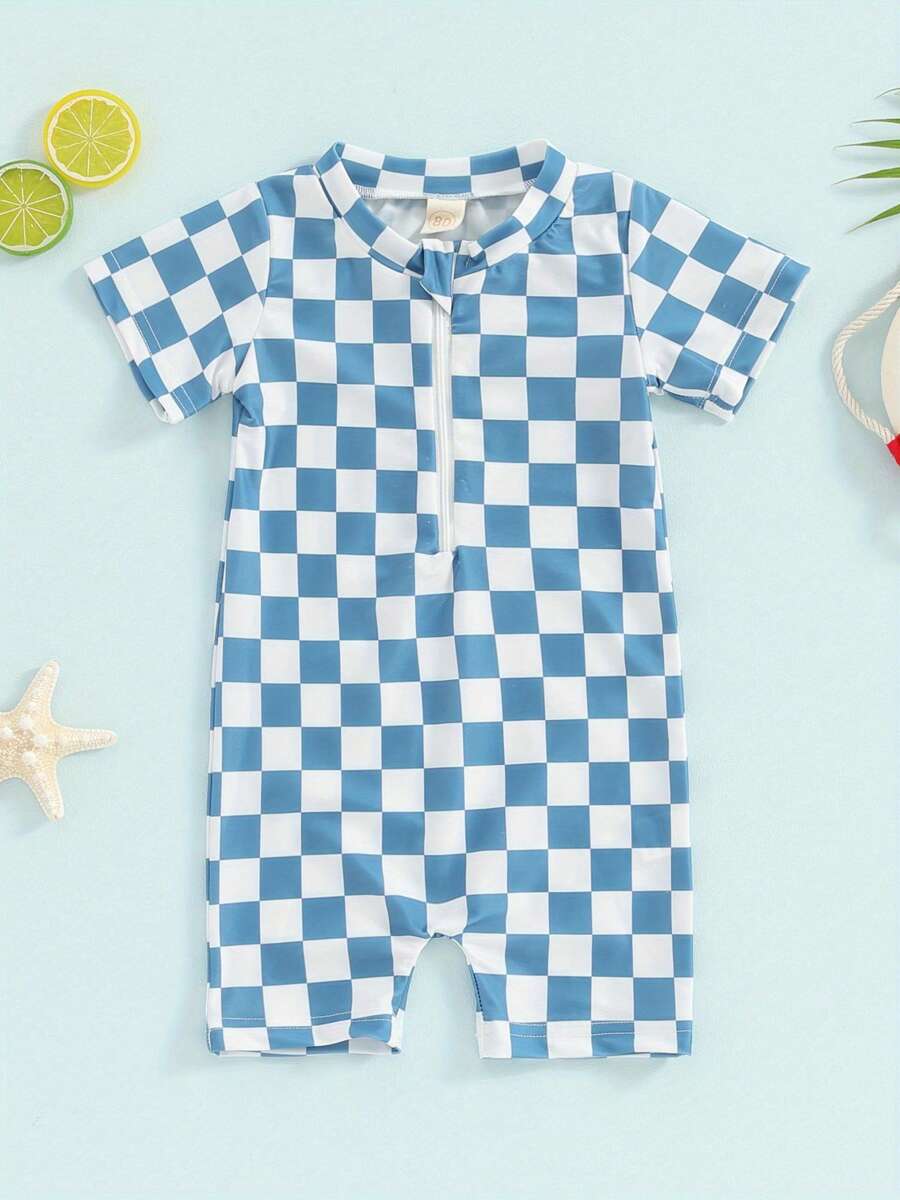 Toddler Rash Guard Swimsuit Checkerboard Print Short Sleeve Zip Up Bathing Suit Swimwear - Blue - View 1