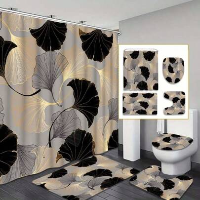 1/4pcs Creative & Fashionable Gold Ginkgo Leaf Print Modern Style Shower Curtain, High Quality Polyester Fabric, Waterproof & Durable, With Hooks & Lining, Suitable For Bathroom Decor