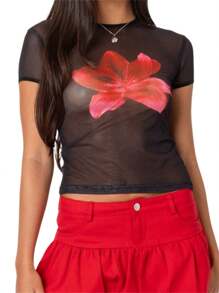 Women Floral Mesh Tops Slim See Through Round Neck Short Sleeve Crop T-Shirt Summer Streetwear Tees - Black - View 2