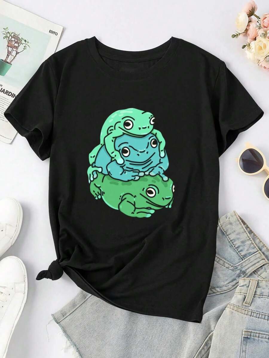 Frog Stack A Playful And Colorful Cartoon Illustration Of Cute And Expressive Frogs With Clean Lines For Women's Women T-Women's Shirt - Black - View 1