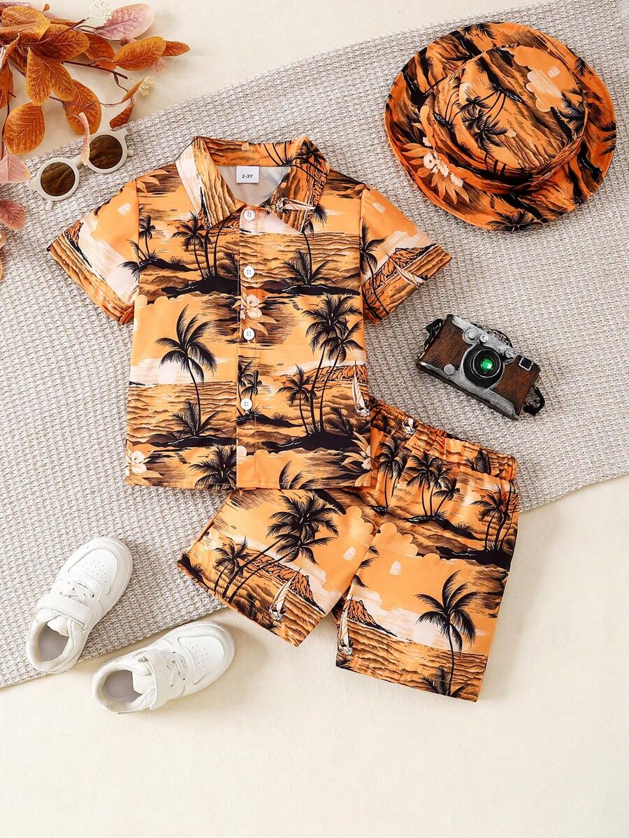 Young Boy 3 Piece Vacation Print Short Sleeve Shirt, Shorts & Hat Set, Fashionable & Minimalist, Hot Selling Summer Outfit For 2-5