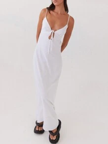 Womens Summer Long Dress Sleeveless Spaghetti Strap Tie-Up Front Loose Dress Back Cutout Dress - 白色 - 查看 4