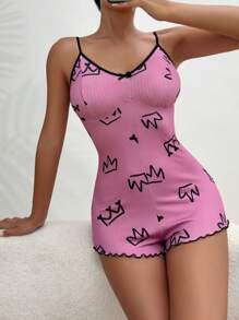 卡通印花可爱连体睡衣，舒适休闲 - 玫紅色 - 查看 4