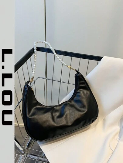 Sac à bandoulière croissant de mode à fausse perle, sac à bandoulière baguette de mode, petit sac à main, sac décontracté pour l'extérieur, sac polyvalent pour le trajet, sac élégant à fausse perle