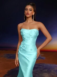 Anymoon 3D Hand Floral Ruffle Trim Mermaid Bridesmaid Dress - Mint Green - View 7