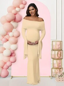 Maternity Long Sleeve Solid Color Off-Shoulder Dress For Baby Shower Photoshoot Party - 杏色 - 查看 3