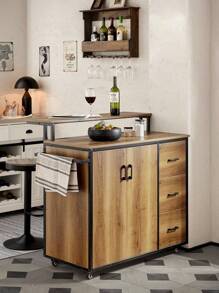 SoBuy KNL02-PF, Design Bar Cabinet On Wheels, Kitchen Storage Trolley Kitchen Island Kitchen Cabinet Sideboard Vintage Brown - Brown - View 2