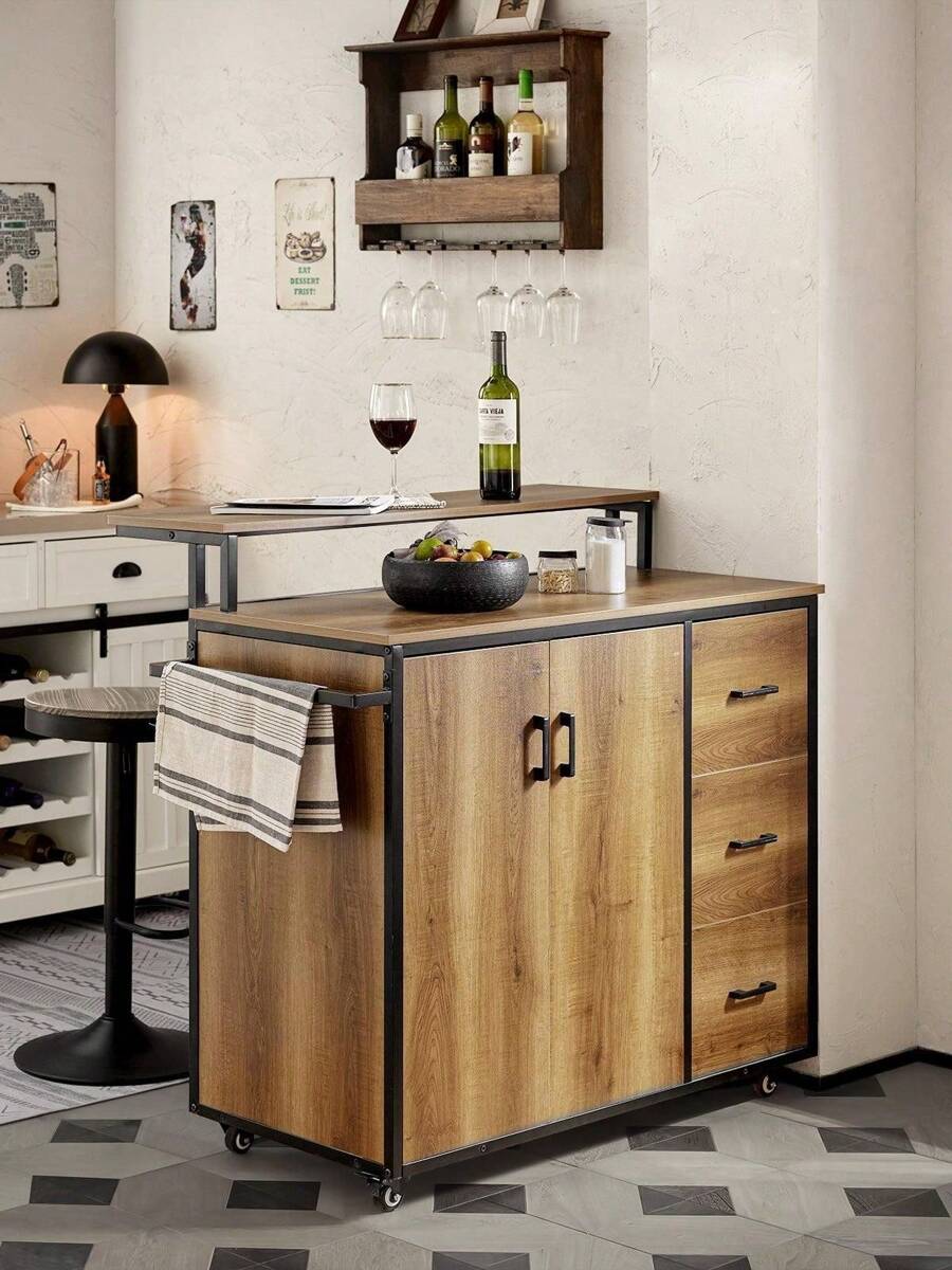 SoBuy KNL02-PF, Design Bar Cabinet On Wheels, Kitchen Storage Trolley Kitchen Island Kitchen Cabinet Sideboard Vintage Brown