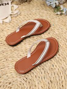 1 Pair Plus Size Sparkly Brown Toddler/Little Girls' Thong Sandals, PU Strap Design Round Toe Flat Non-Slip Fashion Minimalist Roman Slide Sandals, Suitable For 3-15 Years Old Girl Students Daily, Casual, Travel, Summer - Brown - View 4