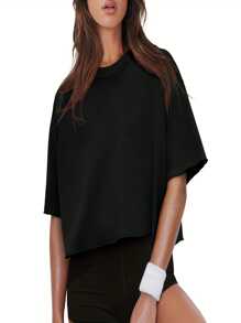 KAHULE Tshirts For Women Round Neck Drop Shoulder Oversized Crop Tops Workout Tops Tees - Black - View 3