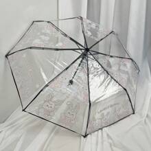 1 pieza Paraguas transparente con estampado de 4 conejos, paraguas de lluvia plegable 3 veces, paraguas transparente estilo japonés, adecuado para fotografía al aire libre y fotografía callejera, regalo de cumpleaños
