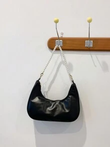 时尚仿珍珠链条新月单肩包，时尚单肩法棍包，手提小包，户外休闲包，百搭通勤包，优雅仿珍珠包 - 黑色 - 查看 8