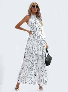 Elegant Sleeveless Party Palazzo Jumper, Wide Leg Printed Jumpsuit, Women's Elegant Sleeveless High Waisted Jumpsuit - 彩色 - 查看 6