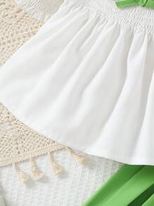 2pcs/Set Girls Short Sleeve Crop Top + Green Pants - White - View 5