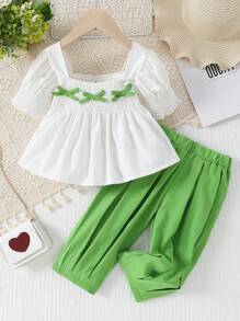 2pcs/Set Girls Short Sleeve Crop Top + Green Pants - White - View 1