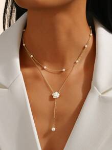 1pc 925 Sterling Silver 18K Gold Plated Double-Layer Pearl Inlay Pendant Necklace, Fashionable & Elegant Luxury Floral Clavicle Chain, Suitable For Women's Daily, Party, Wedding, Vacation, Gift - Double Shell Bead Necklace - View 1