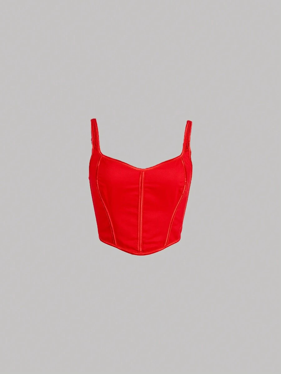 Sweetheart Neck Grommet Lace Up Back Crop Corset Cami Top - Red - View 1
