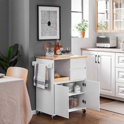 SoBuy Kitchen Trolley Kitchen Storage Trolley Mobile Kitchen Cabinet With Rubber Wood Worktop W72 X D42 X H84cm FKW123-WN