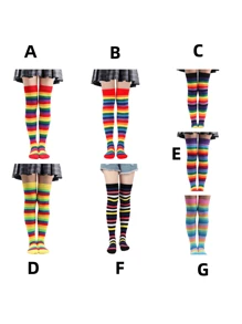 1 双狂欢节彩色过膝袜，女士条纹过膝袜，适合派对、动漫角色扮演 - 彩色 - 查看 5