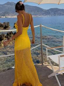 Vestito da donna casual da spiaggia per vacanze primavera ed estate, in tessuto a rete traforato lavorato a maglia, senza retro, senza biancheria intima