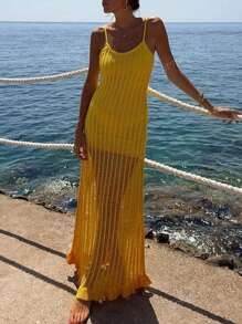 Vestito da donna casual da spiaggia per vacanze primavera ed estate, in tessuto a rete traforato lavorato a maglia, senza retro, senza biancheria intima