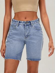 Women Denim Shorts Hight Waist Solid Summer Casual Shorts Streetwear For Daily Party - Baby Blue - View 1