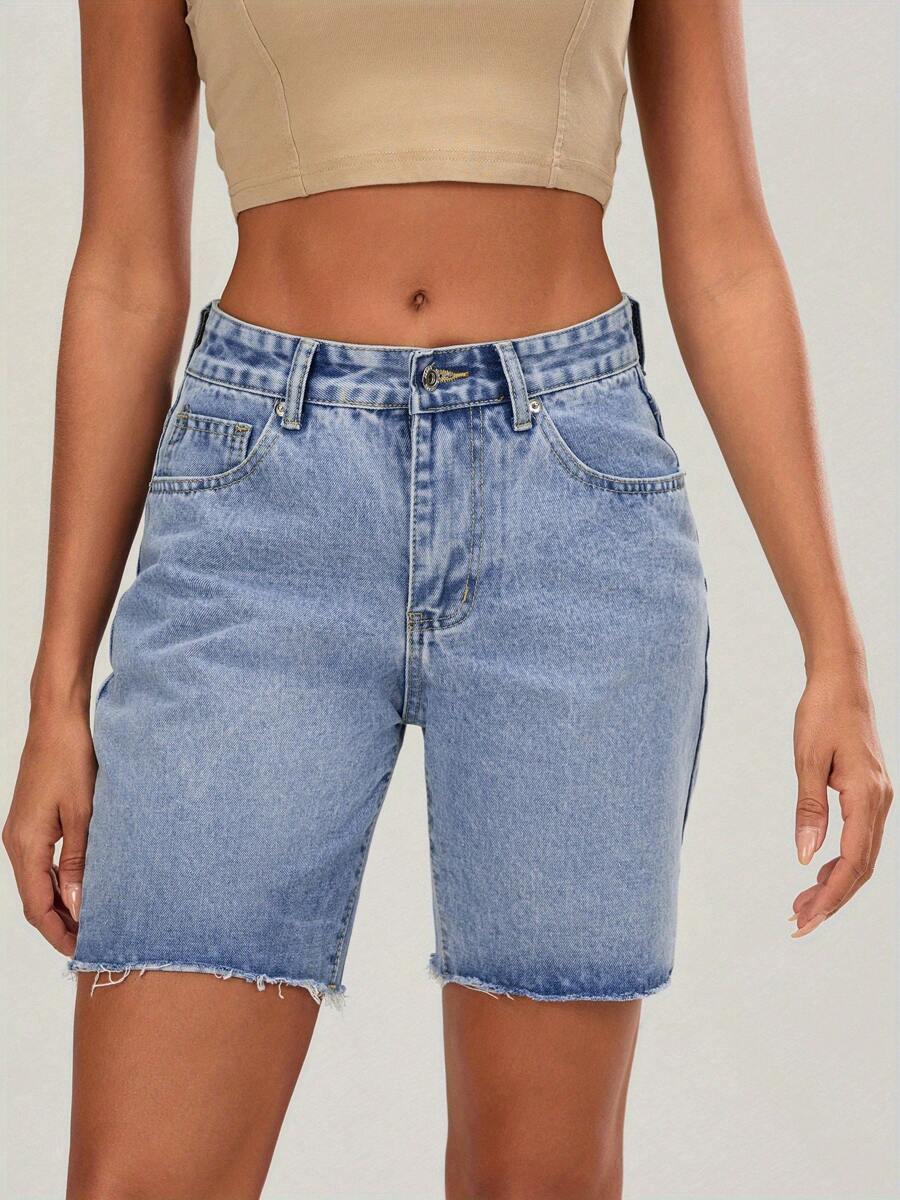 Women Denim Shorts Hight Waist Solid Summer Casual Shorts Streetwear For Daily Party - Baby Blue - View 1