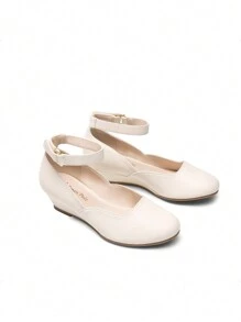 Girls Wedding Shoes | Dress Flats With Low Wedge Heel & Flower Ankle Strap For Toddler To Big Kid - Màu be - Xem 5