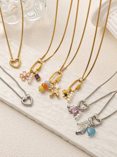 1Pc Stainless Steel Heart Ring Buckle, 12 Birthstone Pearl Pendant DIY Necklace, Electroplated With 18K Gold, Waterproof And Sweat Proof, Suitable For Parties And Daily Wear, Valentine's Day And Mother's Day Gifts,Mom,Mother,Mother's Day,Gift