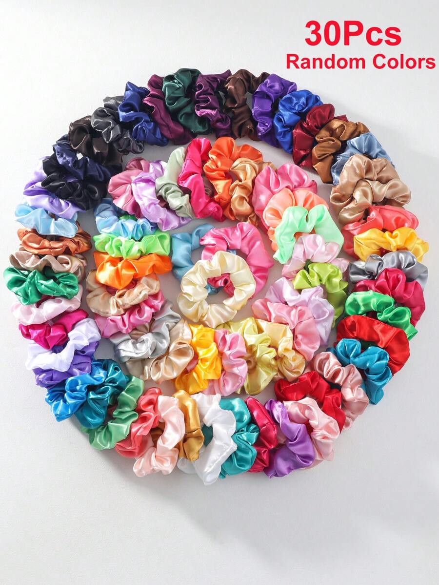 30 Pcs Random Color Satin Scrunchies Hair Ties For Girls, Elastic Hair Bands With Colorful Ribbons, Ponytail Holders For Daily Use - Multicolor - View 1