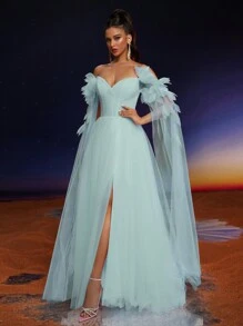 Anymoon Elegant Off Shoulder Mesh Applique Long Evening Dress, Party Dress, Wedding Guest Dress, Formal Dress,Gown